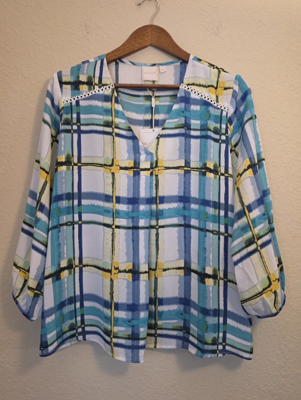 NWT Zac & Rachel Blouse Womens Size Medium Blue Green Yellow Abstract Grid